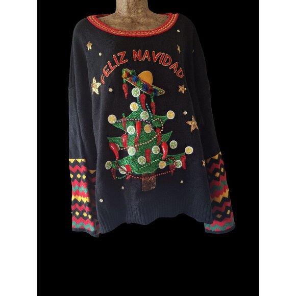 Feliz Navidad Christmas Ugly Sweater With Embellishments & Bell Sleeves - Picture 1 of 16